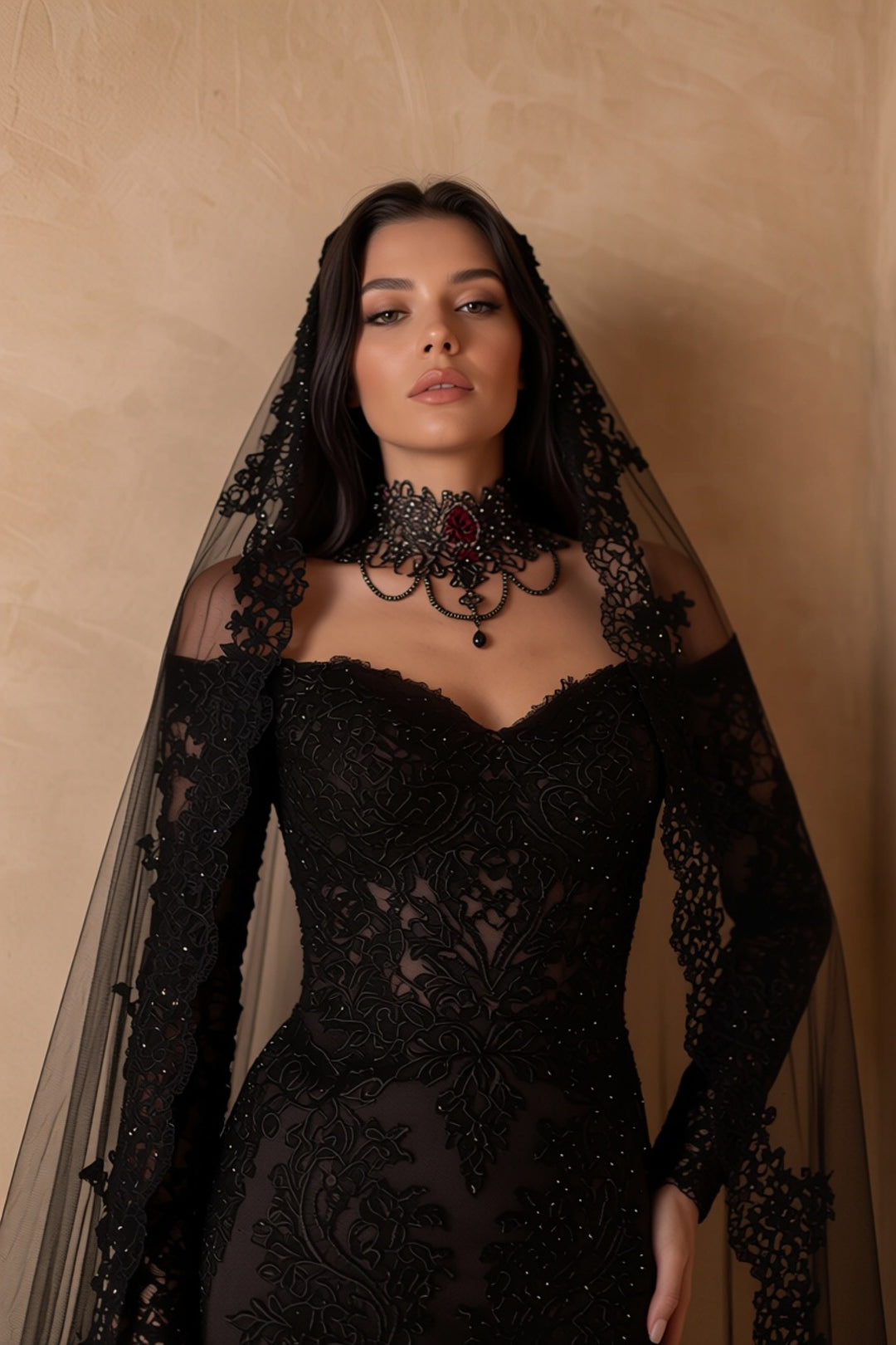 Black Gothic Luxury Embroidery Long Sleeve Wedding Dress – Corset Mermaid Bridal Gown Plus Size