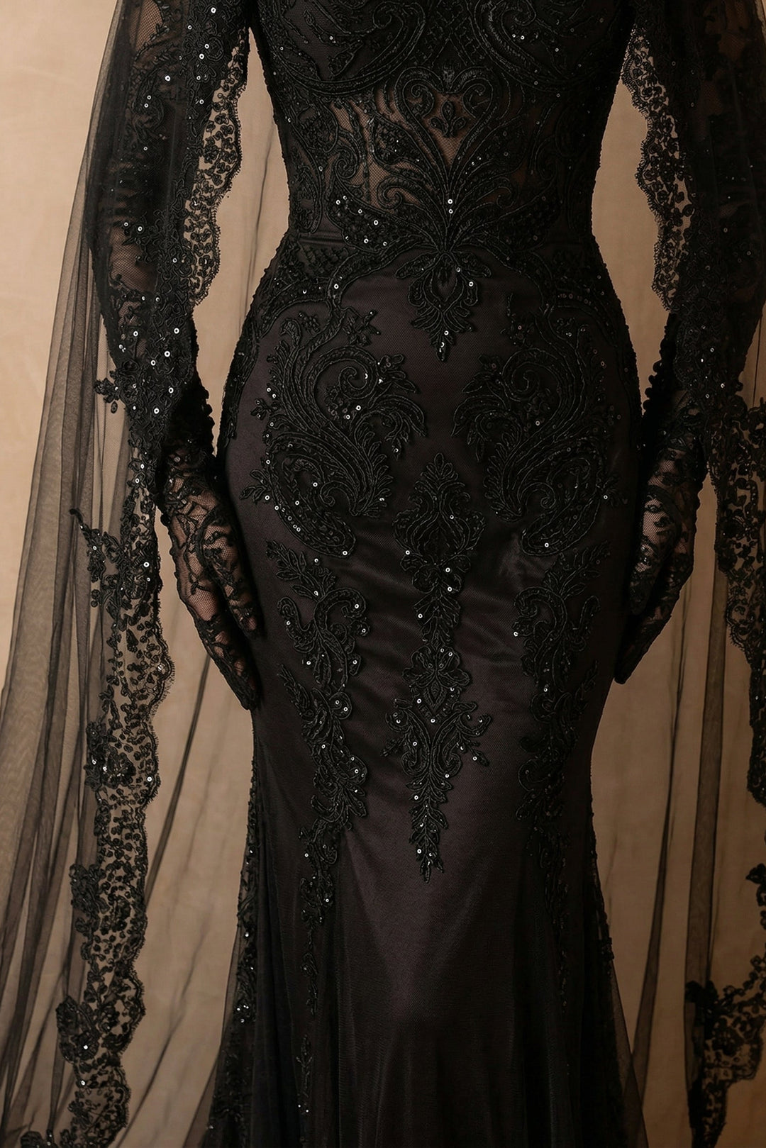 Black Gothic Luxury Embroidery Long Sleeve Wedding Dress – Corset Mermaid Bridal Gown Plus Size