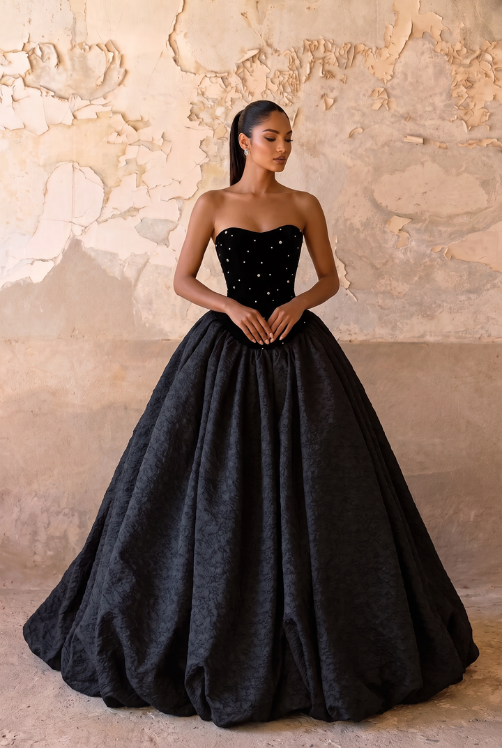 Black Gothic Wedding Dress With Embroidery - Gothic Strapless Ball Gown Plus Size