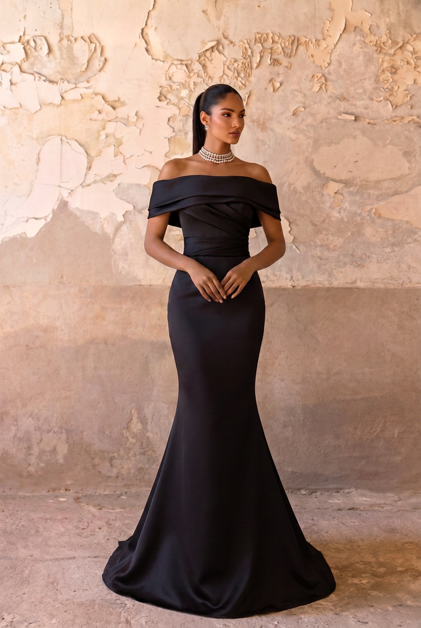 Black Off the Shoulder Satin Mermaid Evening Dress with Sheer Lace Gloves – Elegant Formal Gown Plus Size