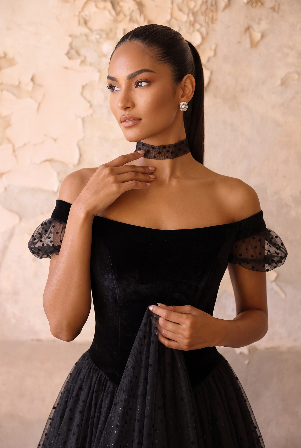 Black Polka Gothic Corset Wedding Dress - Off-shoulder Gothic Formal D ...