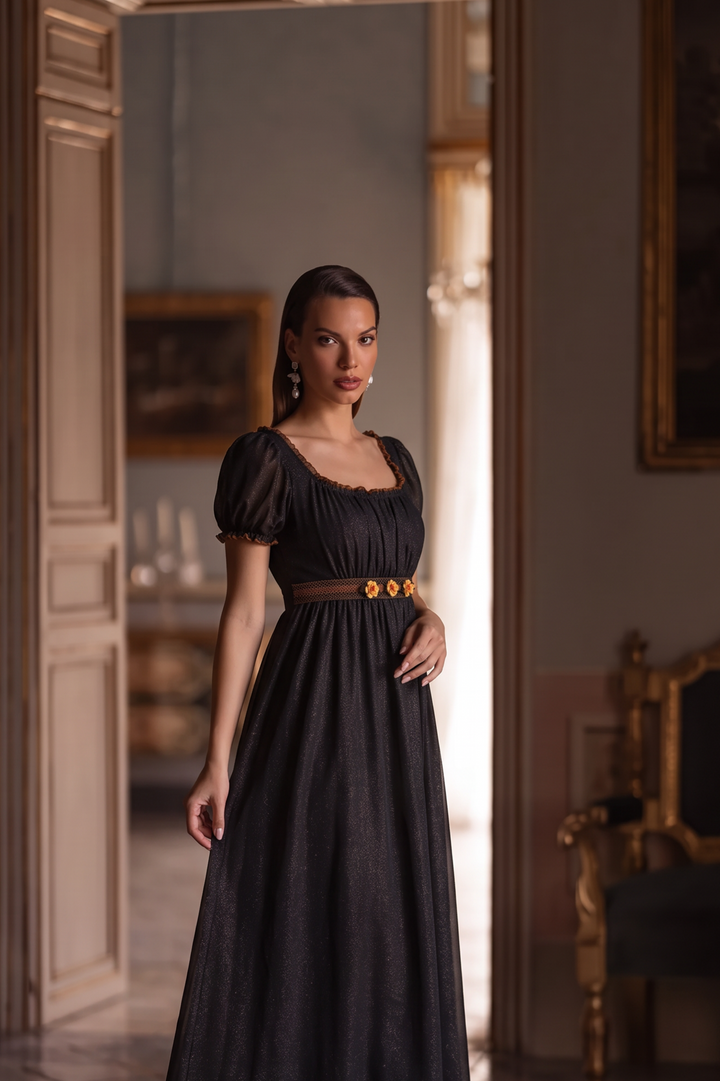Black Regency Era Empire Waist Gown with Puff Sleeves and Gold Trim – Bridgerton Inspired Vintage Dress Plus Size