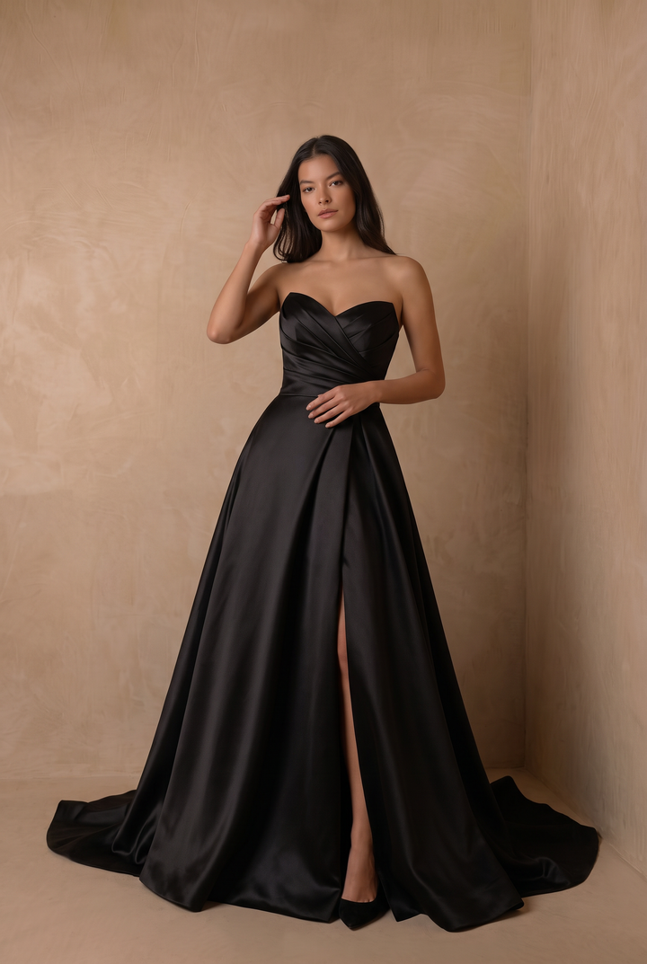 Black Simple Gothic Satin Strapless A-Line Wedding Gown with Pleated Bodice, Side Slit and Train Plus Size