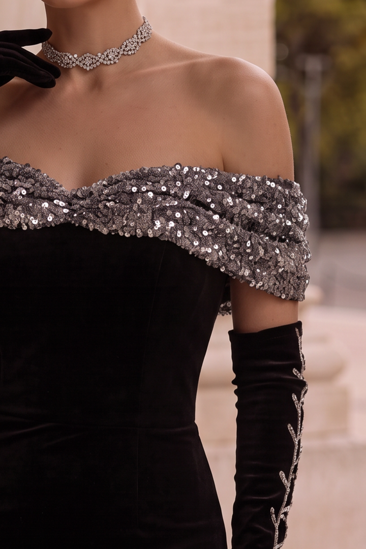 Black Velvet Off Shoulder Mermaid Formal Dress With Sequins - Plus Size