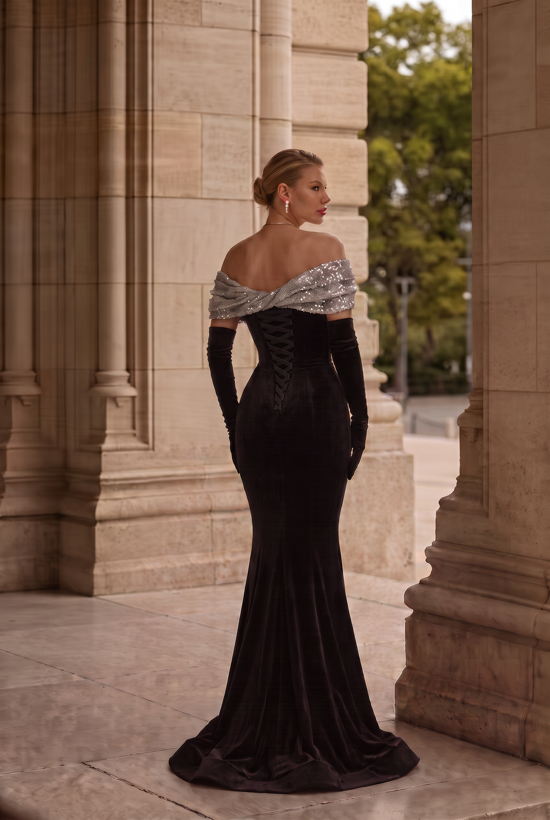 velvet dress with sequins Long Black and Silver NA Saint Design and ready to shine Black Velvet Off Shoulder Mermaid