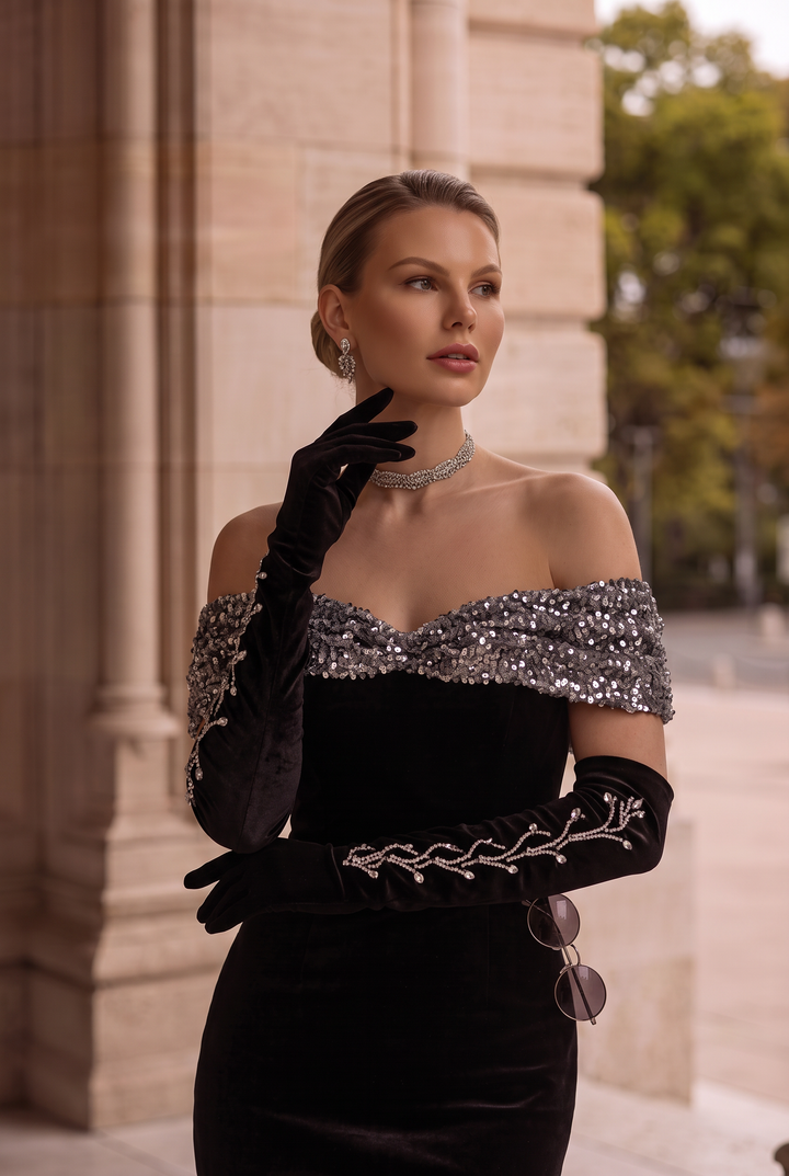 Black Velvet Off Shoulder Mermaid Formal Dress With Sequins - Plus Size