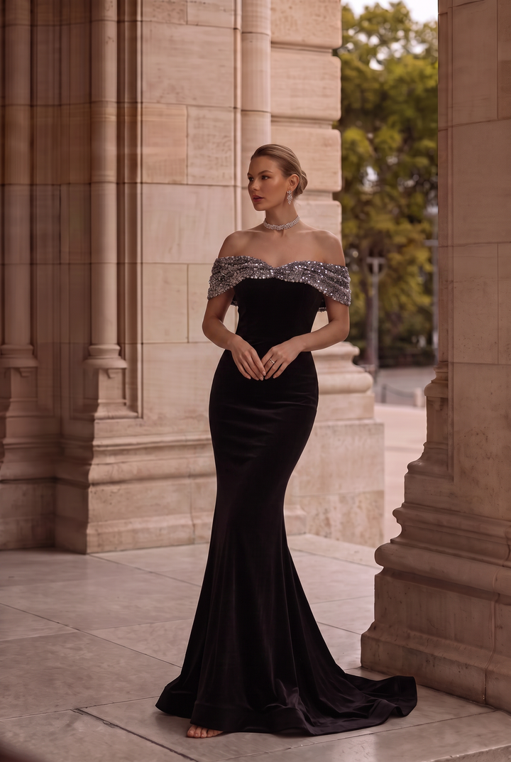 Black Velvet Off Shoulder Mermaid Formal Dress With Sequins - Plus Size
