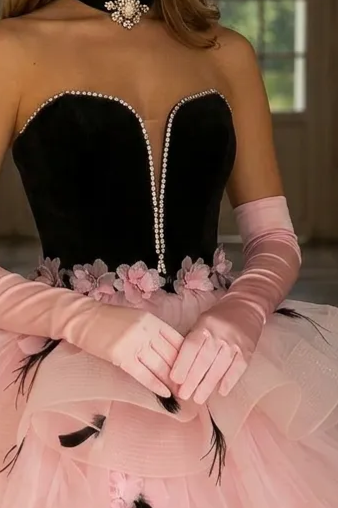 Black and Pink Tulle Party Dress With Floral Accents