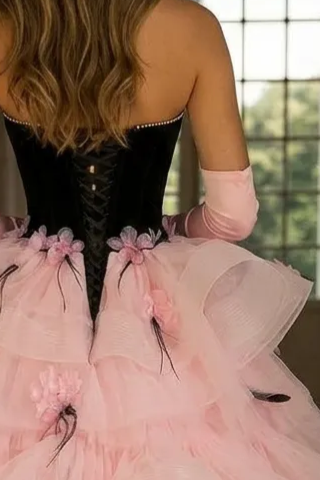 Black and Pink Tulle Party Dress With Floral Accents
