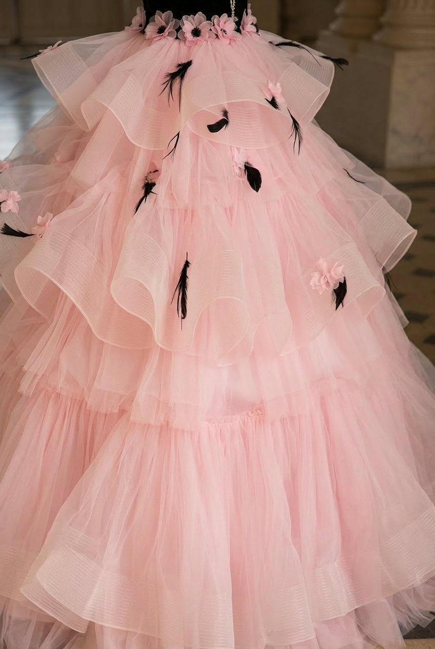 Black and Pink Tulle Party Dress with Floral Accents