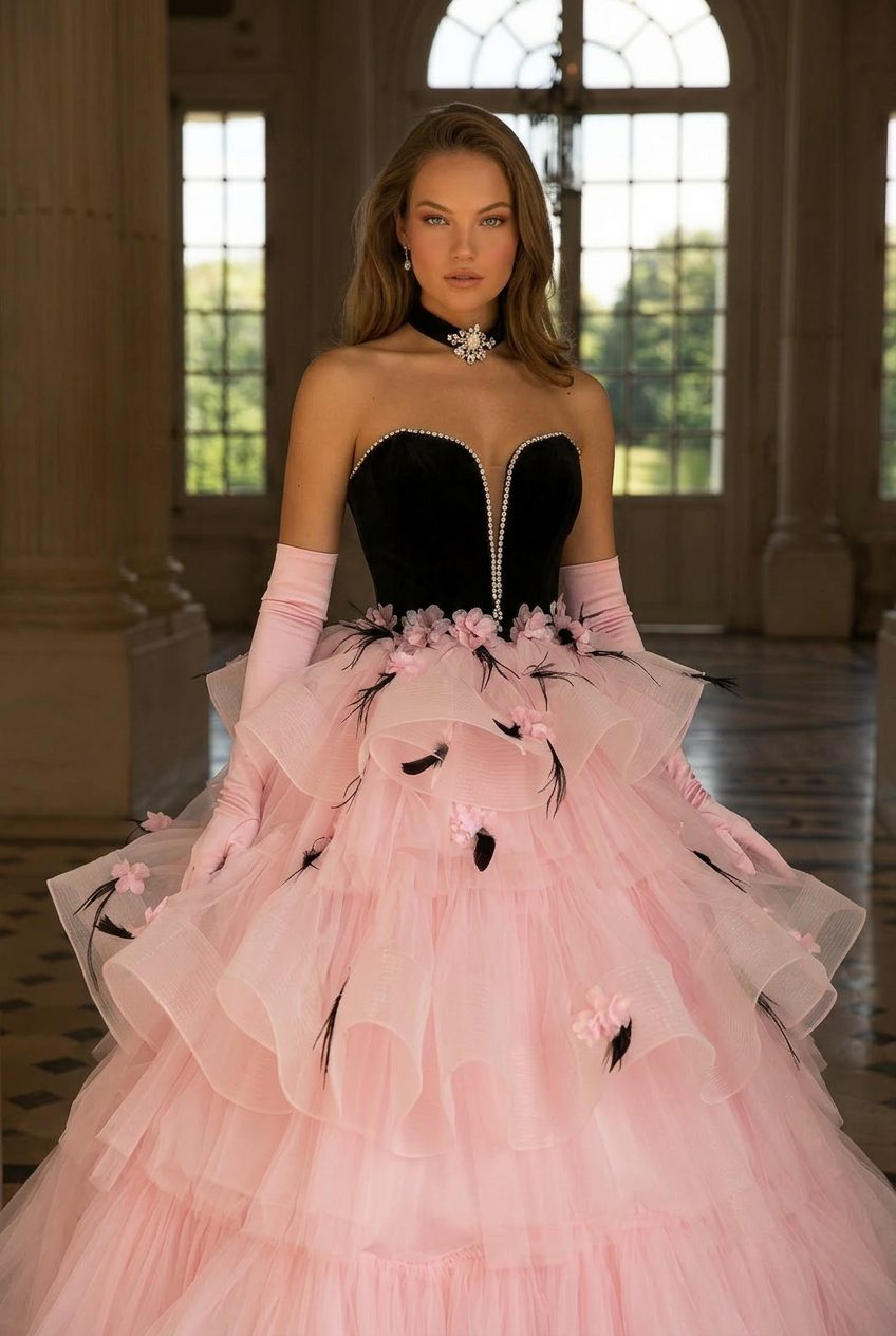 Black and Pink Tulle Party Dress With Floral Accents