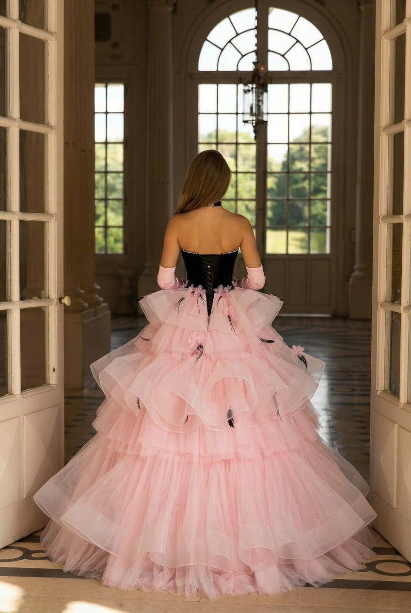 Black and Pink Tulle Party Dress With Floral Accents
