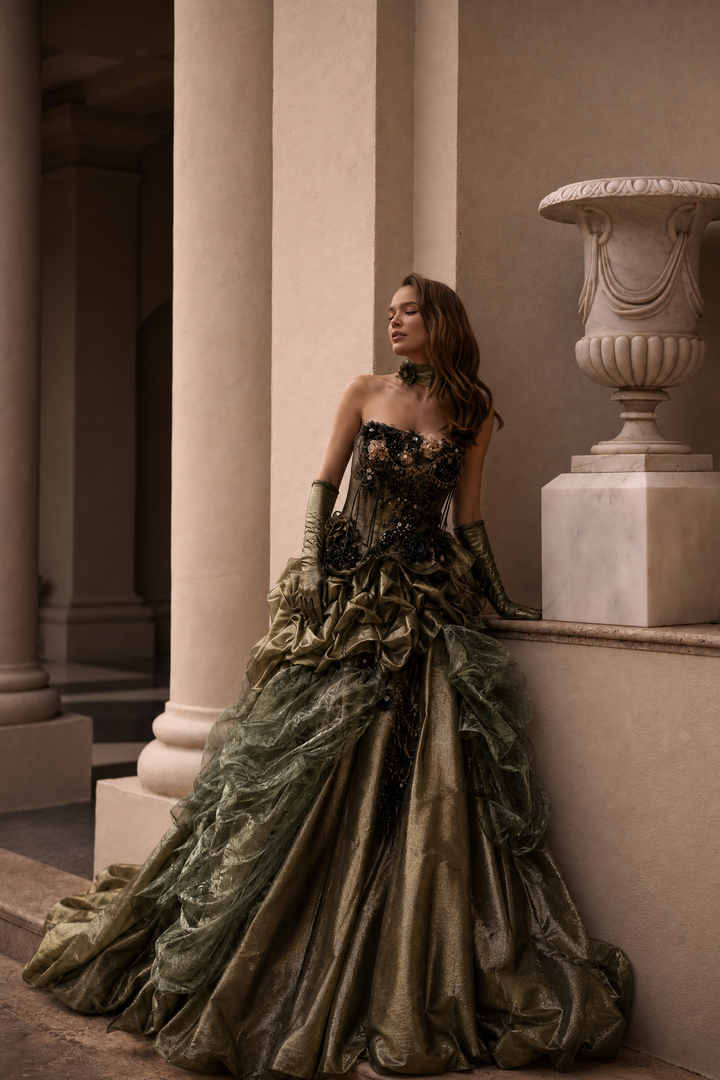 Black and Gold Gothic Ball Gown with Sequin Corset and Ruffled Organza Evening Dress Plus Size