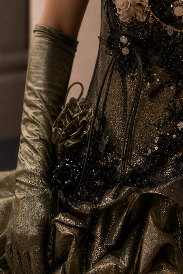 Black and Gold Gothic Ball Gown with Sequin Corset and Ruffled Organza Evening Dress Plus Size