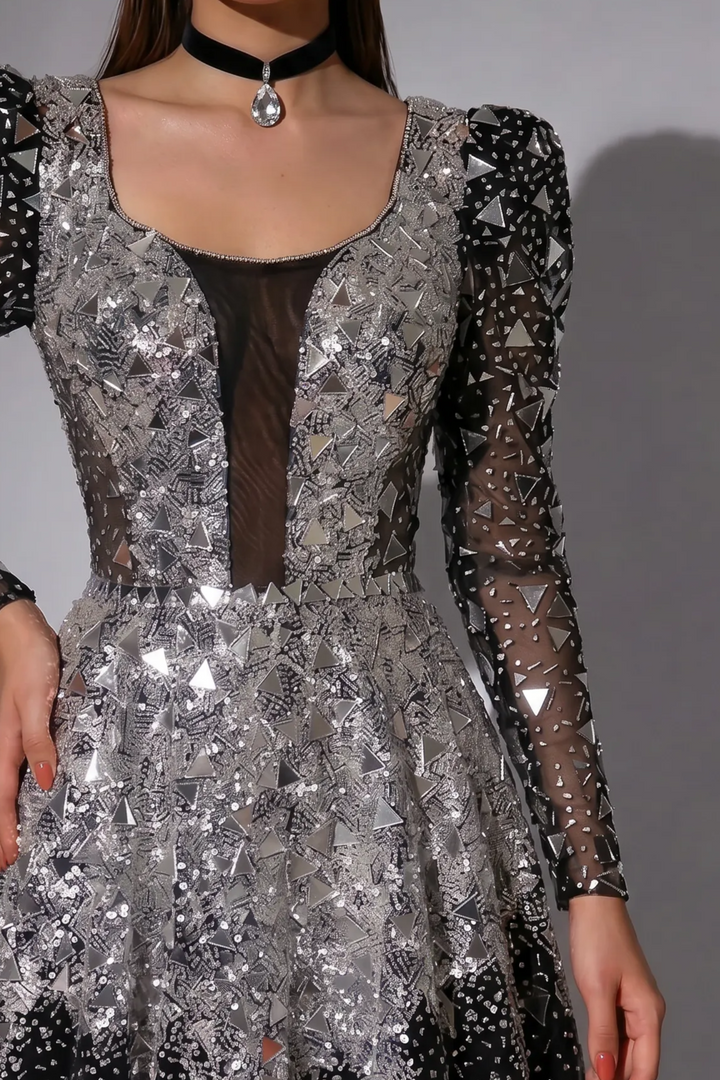 Black and Silver Sequin Evening Gown with Puff Sleeves, Sheer Long Sleeves and A-Line Skirt – Formal Ball Gown Plus Size