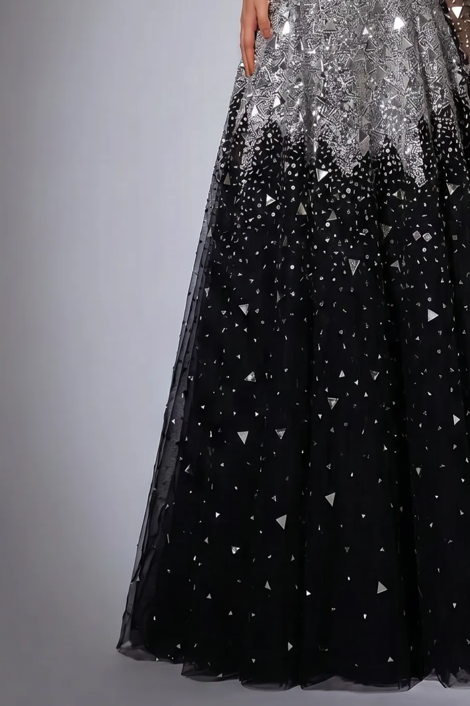 Black and Silver Sequin Evening Gown with Puff Sleeves, Sheer Long Sleeves and A-Line Skirt – Formal Ball Gown Plus Size