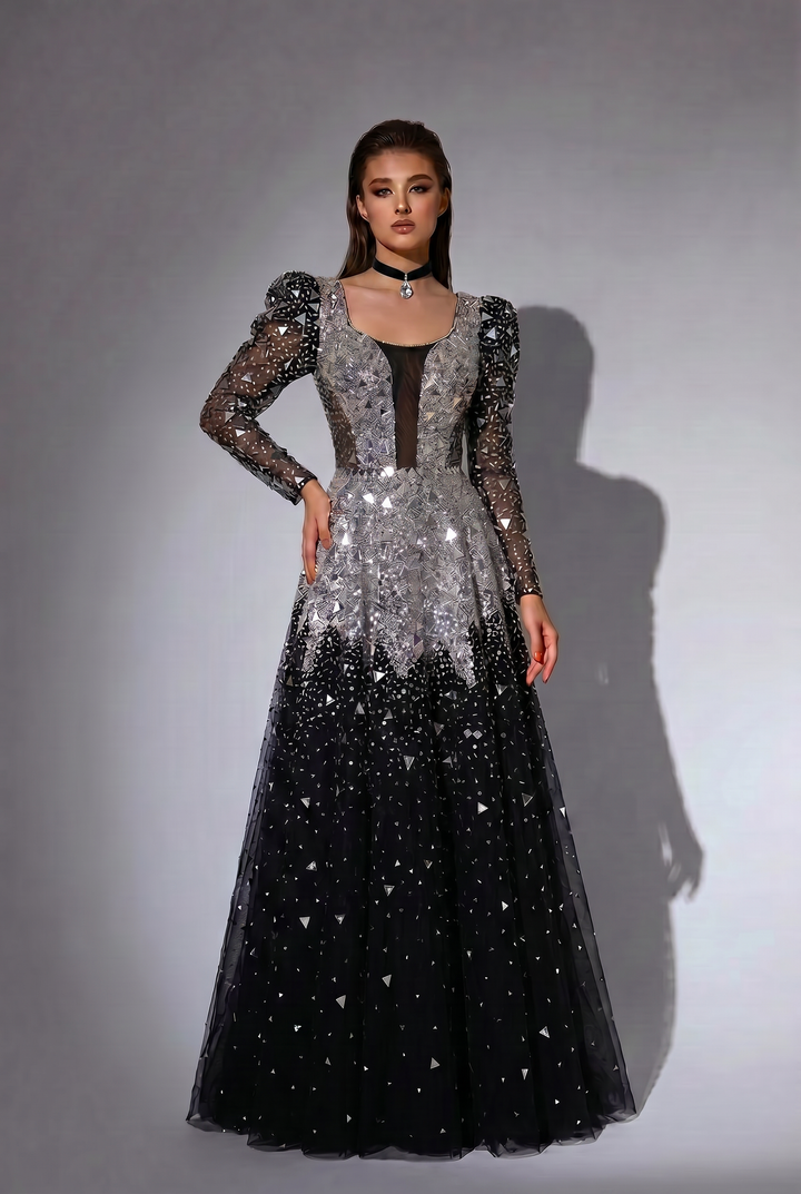 Black and Silver Sequin Evening Gown with Puff Sleeves, Sheer Long Sleeves and A-Line Skirt – Formal Ball Gown Plus Size