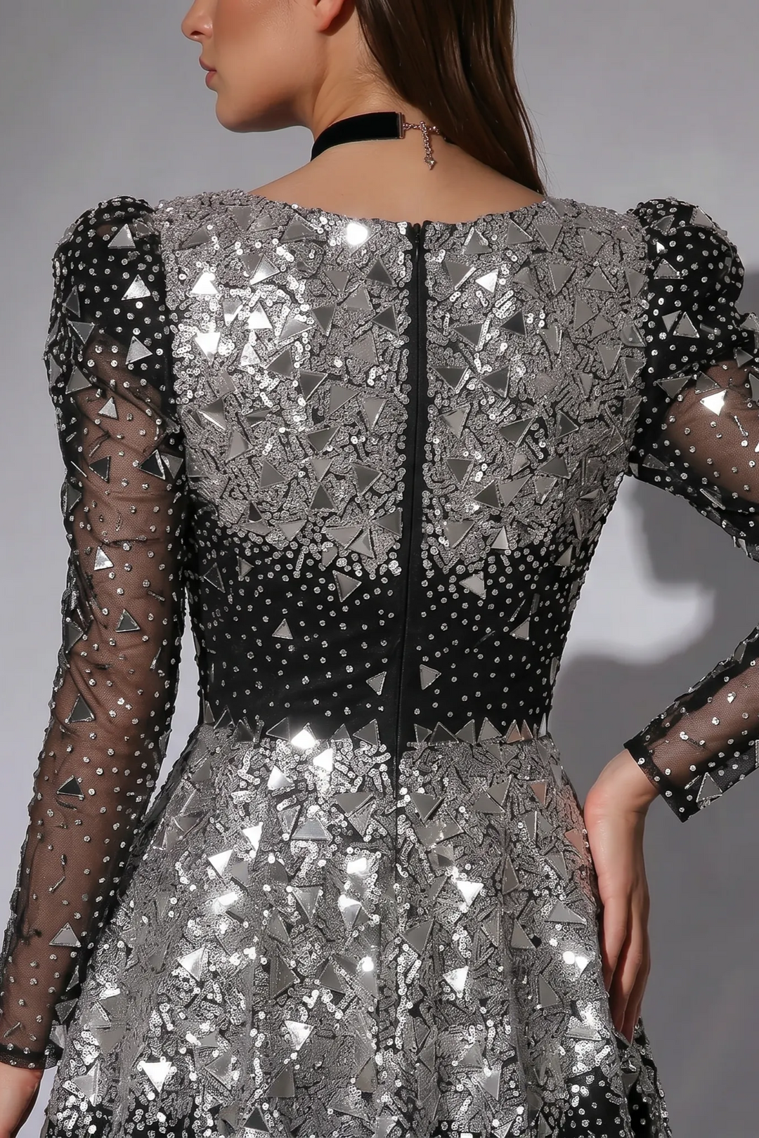 Black and Silver Sequin Evening Gown with Puff Sleeves, Sheer Long Sleeves and A-Line Skirt – Formal Ball Gown Plus Size