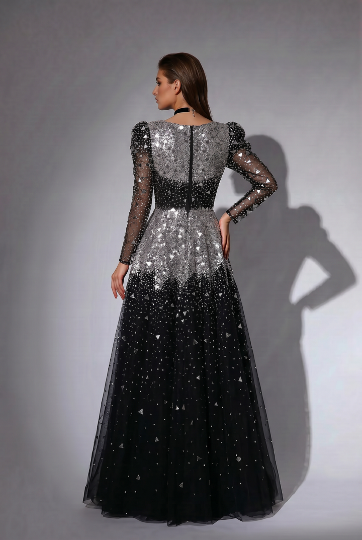 Black and Silver Sequin Evening Gown with Puff Sleeves, Sheer Long Sleeves and A-Line Skirt – Formal Ball Gown Plus Size