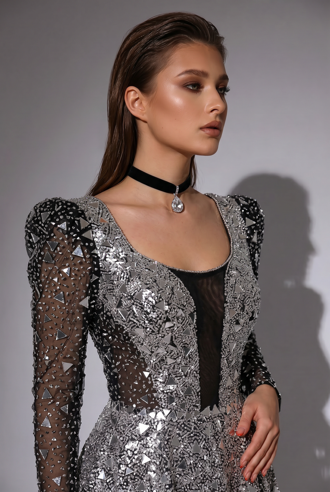 Black and Silver Sequin Evening Gown with Puff Sleeves, Sheer Long Sleeves and A-Line Skirt – Formal Ball Gown Plus Size