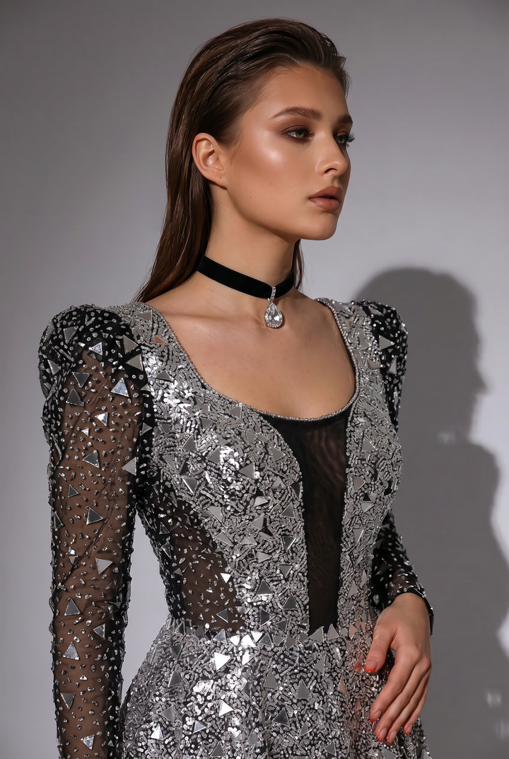 Black and Silver Sequin Evening Gown with Puff Sleeves, Sheer Long Sleeves and A-Line Skirt – Formal Ball Gown Plus Size