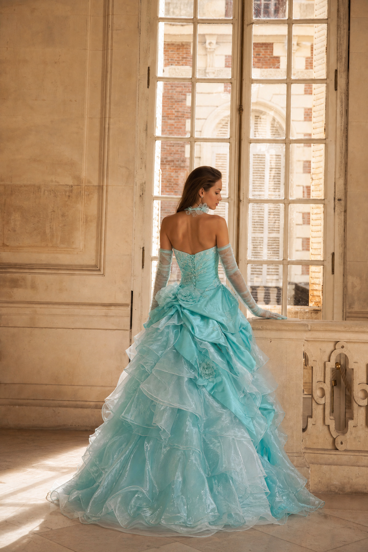 Blue Ball Gown with Floral Appliqué – Strapless Layered Tulle Ruffle Dress with Lace-Up Back Plus Size
