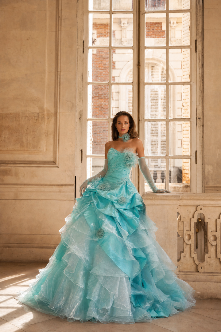 Blue Ball Gown with Floral Appliqué – Strapless Layered Tulle Ruffle Dress with Lace-Up Back Plus Size