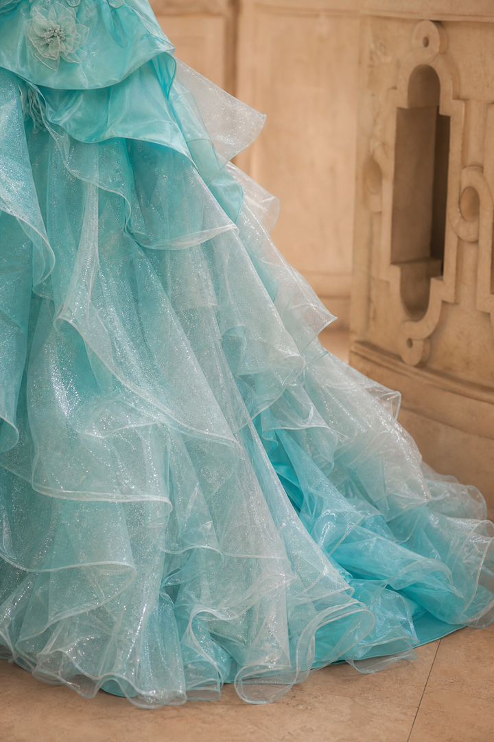 Blue Ball Gown with Floral Appliqué – Strapless Layered Tulle Ruffle Dress with Lace-Up Back Plus Size