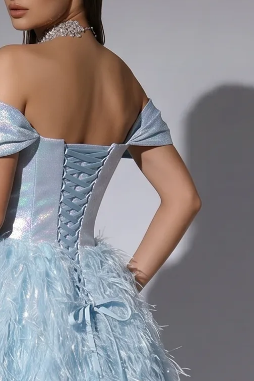 Blue Ball Gown with Off-the-Shoulder Neckline, Crystal Embellished Bodice and Feather Skirt – Formal Evening Dress Plus Size