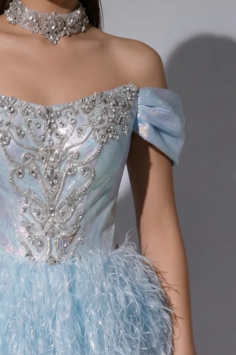 Blue Ball Gown with Off-the-Shoulder Neckline, Crystal Embellished Bodice and Feather Skirt – Formal Evening Dress Plus Size