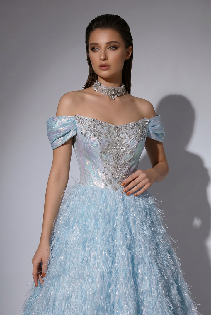 Blue Ball Gown with Off-the-Shoulder Neckline, Crystal Embellished Bodice and Feather Skirt – Formal Evening Dress Plus Size