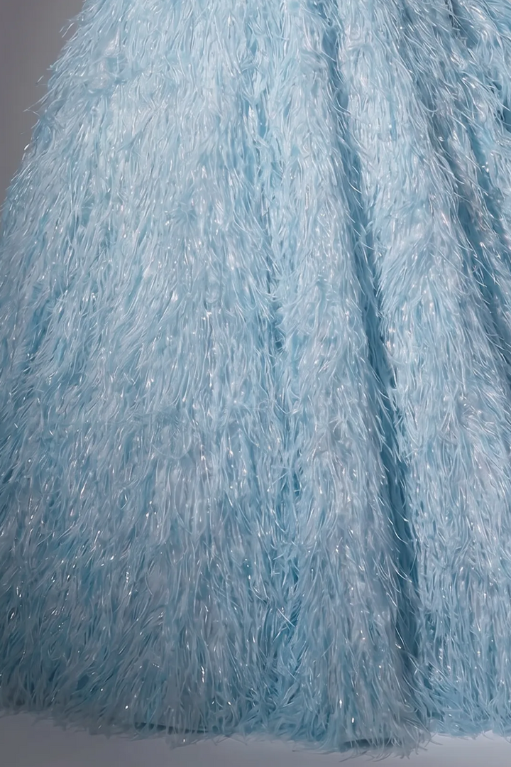 Blue Ball Gown with Off-the-Shoulder Neckline, Crystal Embellished Bodice and Feather Skirt – Formal Evening Dress Plus Size