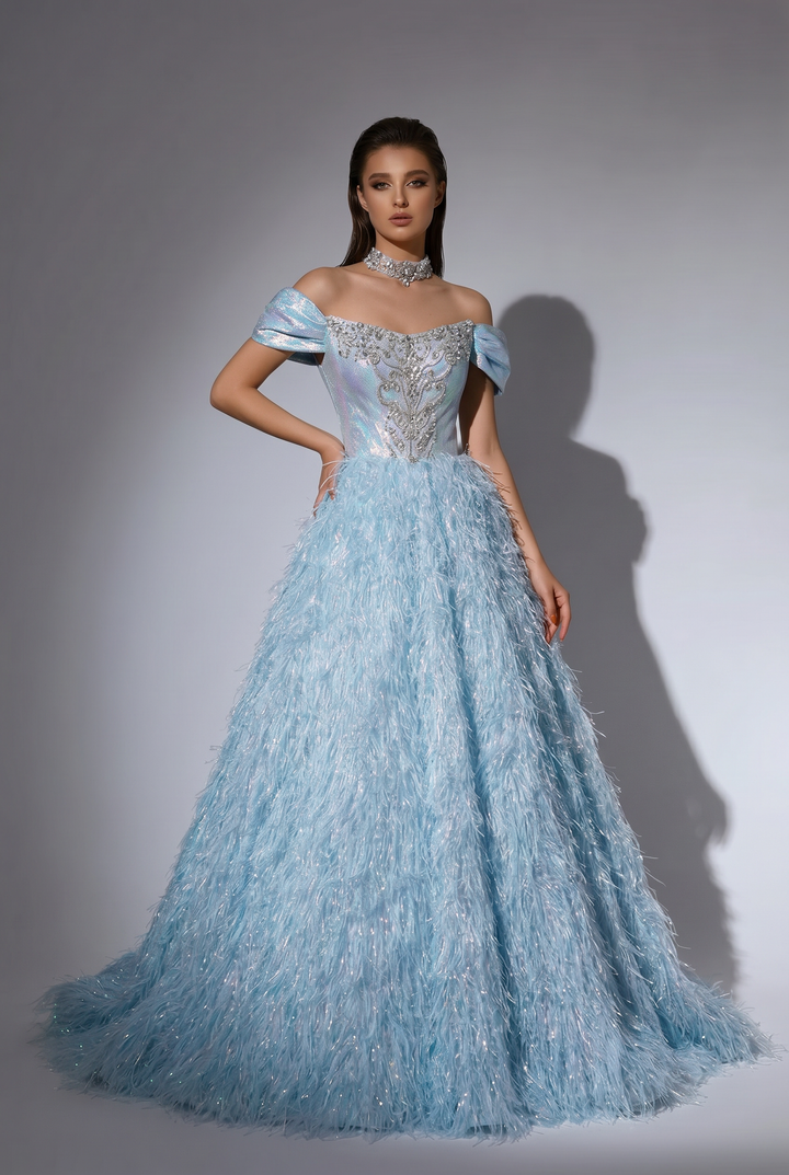 Blue Ball Gown with Off-the-Shoulder Neckline, Crystal Embellished Bodice and Feather Skirt – Formal Evening Dress Plus Size