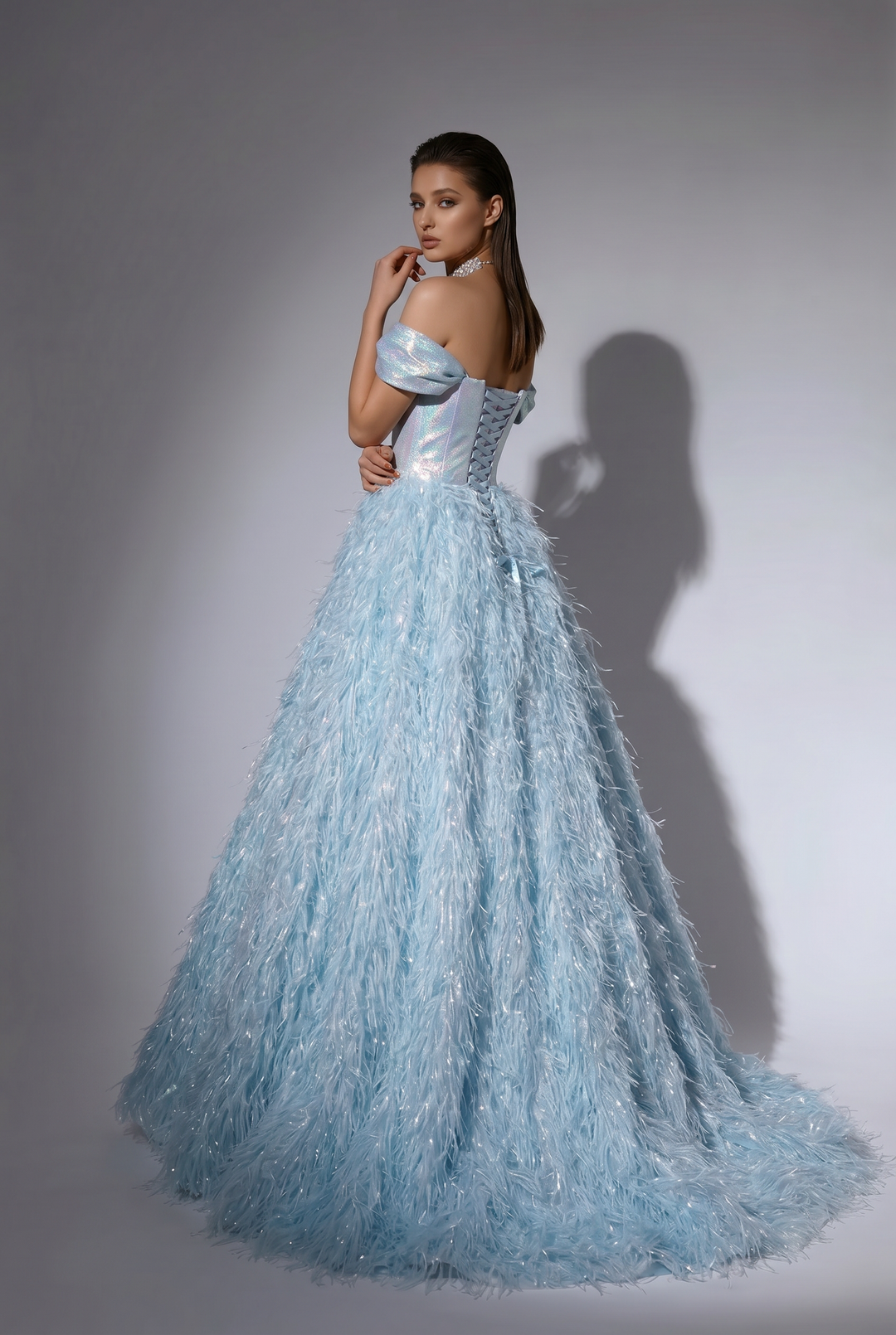 Blue Ball Gown with Off-the-Shoulder Neckline, Crystal Embellished Bodice and Feather Skirt – Formal Evening Dress Plus Size