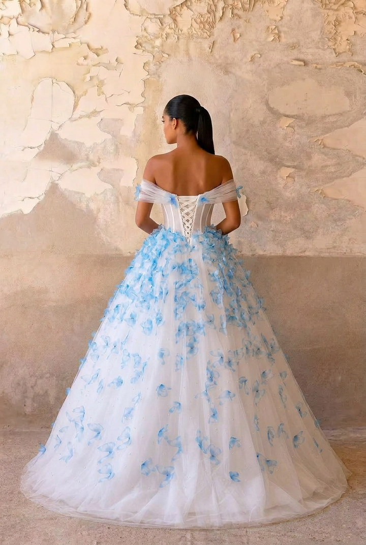 Blue Butterfly Appliqué Ball Gown with Off Shoulder Corset Bodice Ethereal Princess Tulle Evening Dress Romantic Couture Formal Gown Fairytale Prom Dress Plus Size