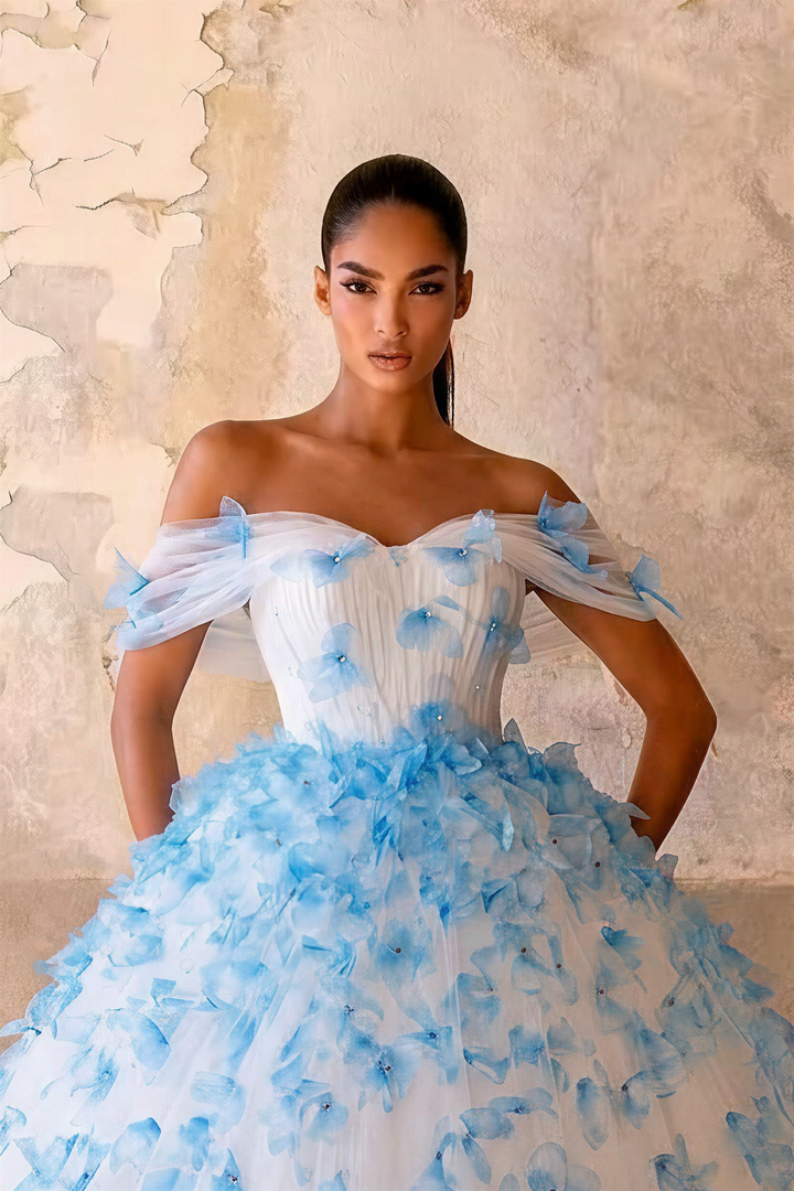 Blue Butterfly Appliqué Ball Gown with Off Shoulder Corset Bodice Ethereal Princess Tulle Evening Dress Romantic Couture Formal Gown Fairytale Prom Dress Plus Size