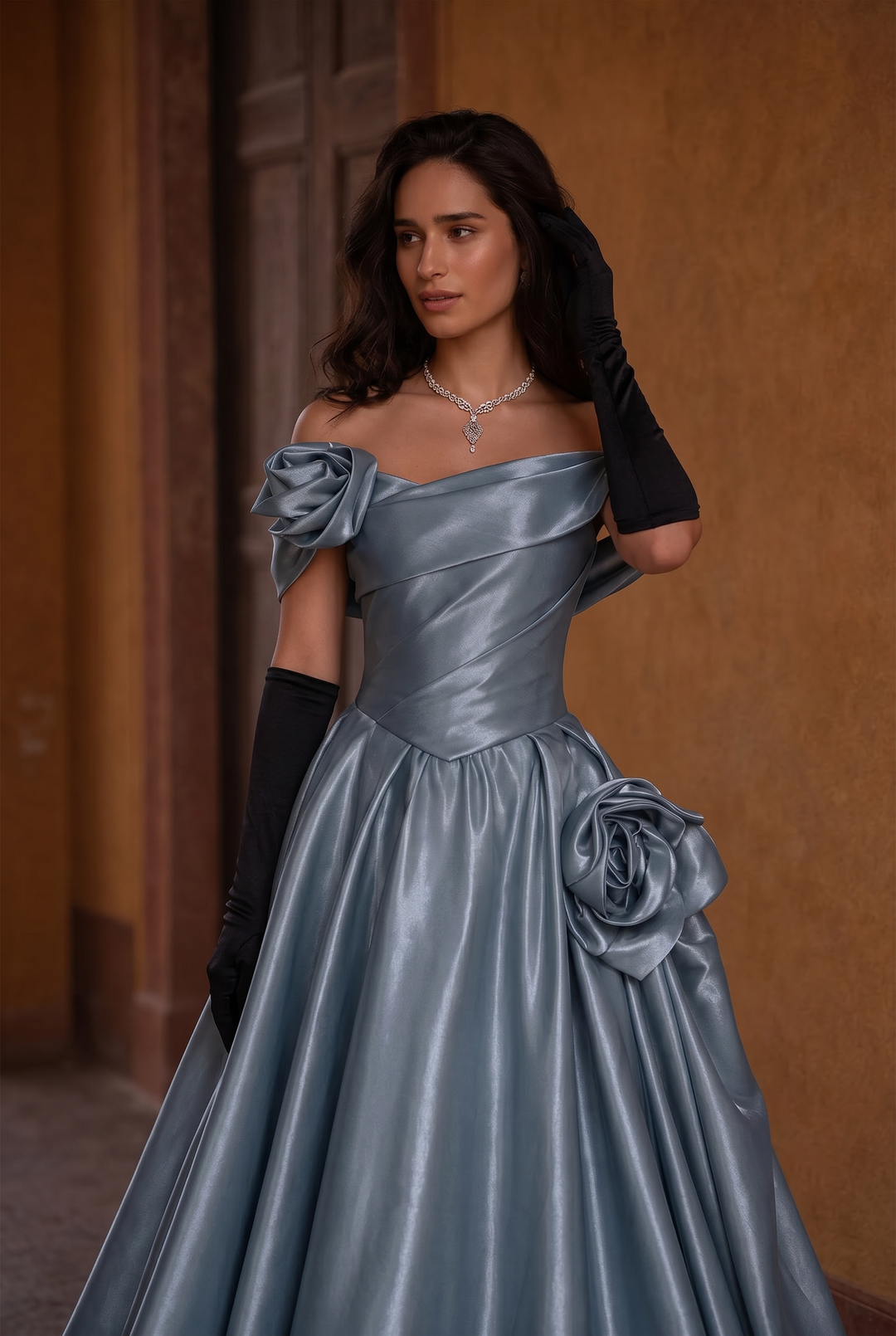 Blue Evening Gown with Off Shoulder Floral Design – Off the Shoulder Ball Gown Dress with Draped Satin Skirt Plus Size