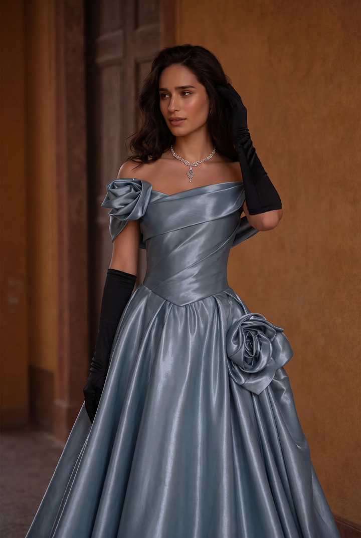 Blue Evening Gown with Off Shoulder Floral Design – Off the Shoulder Ball Gown Dress with Draped Satin Skirt Plus Size