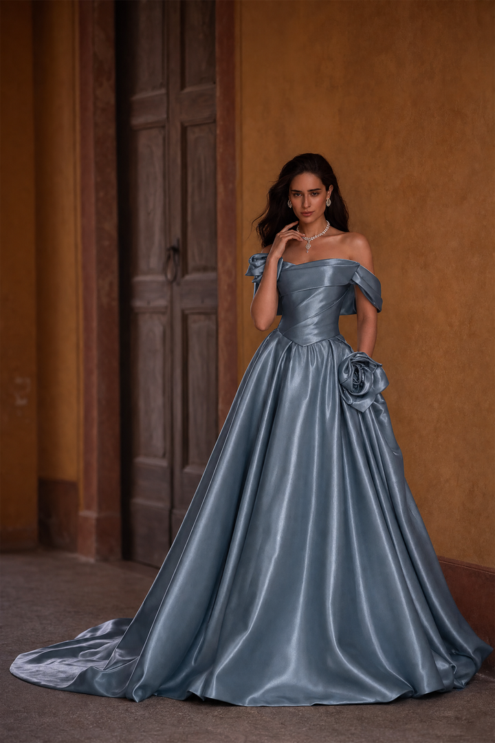 Blue Evening Gown with Off Shoulder Floral Design – Off the Shoulder Ball Gown Dress with Draped Satin Skirt Plus Size