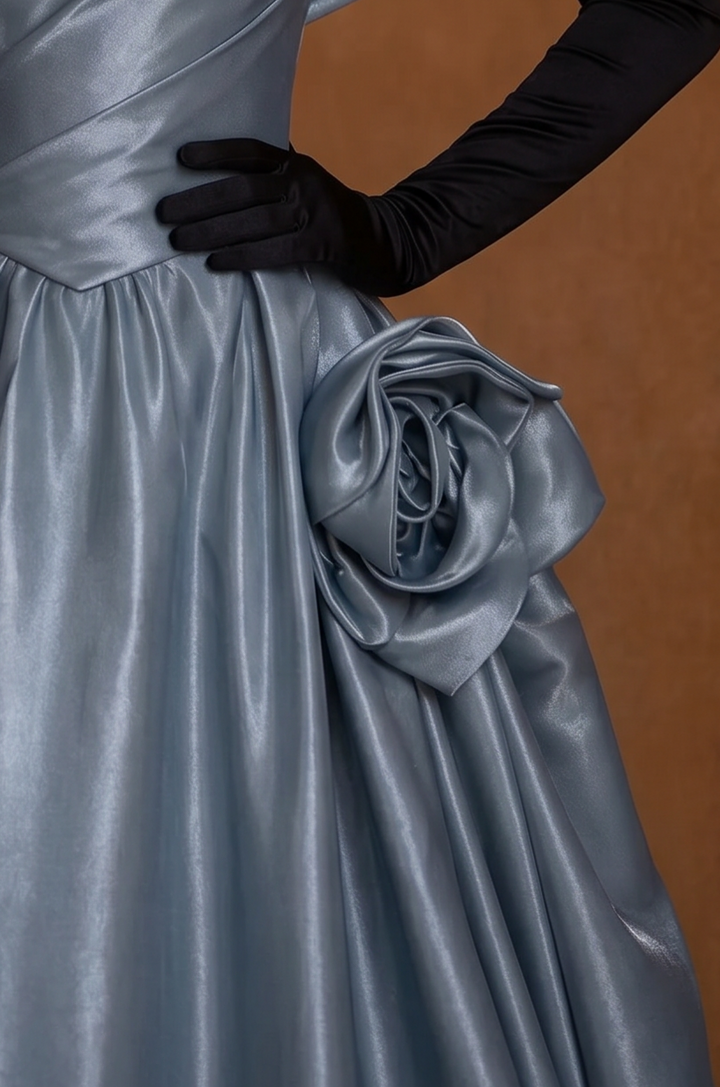 Blue Evening Gown with Off Shoulder Floral Design – Off the Shoulder Ball Gown Dress with Draped Satin Skirt Plus Size