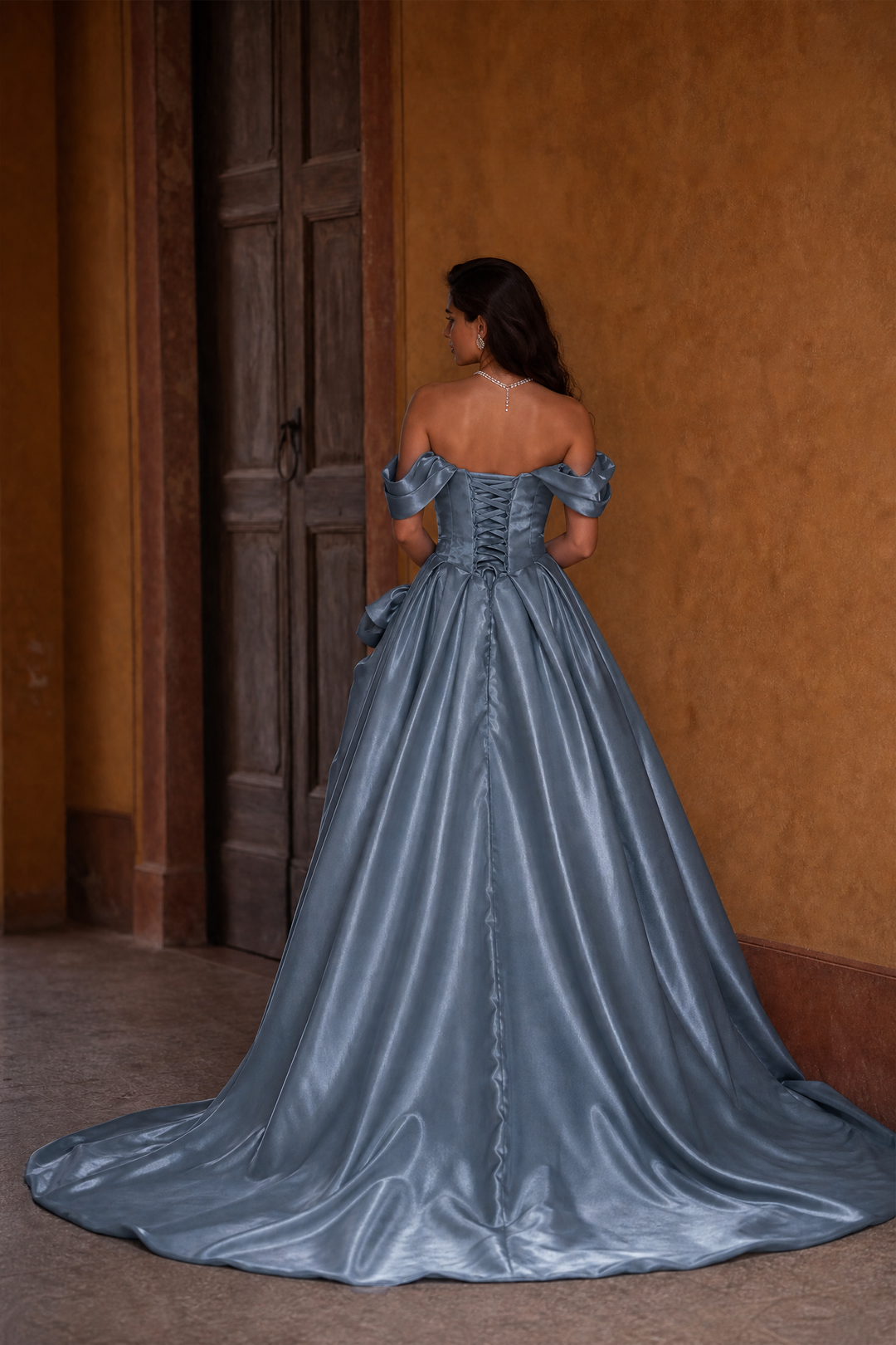 Blue Evening Gown with Off Shoulder Floral Design – Off the Shoulder Ball Gown Dress with Draped Satin Skirt Plus Size