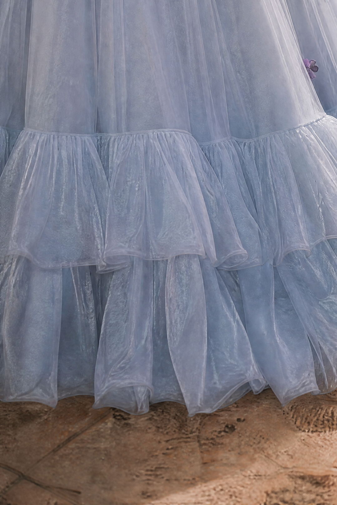 Blue Fairytale Ball Gown with 3D Floral Appliqué and Ruffle Tiered Skirt – Off Shoulder Tulle Evening Dress with Corset Back Plus Size