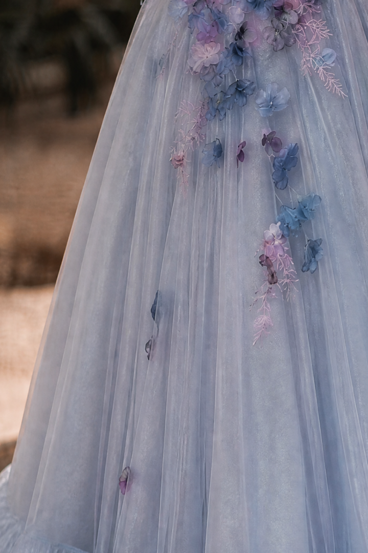 Blue Fairytale Ball Gown with 3D Floral Appliqué and Ruffle Tiered Skirt – Off Shoulder Tulle Evening Dress with Corset Back Plus Size