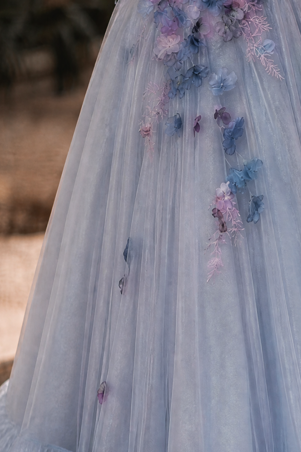 Blue Fairytale Ball Gown with 3D Floral Appliqué and Ruffle Tiered Ski