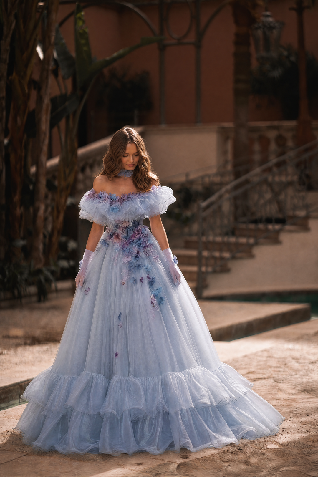 Blue Fairytale Ball Gown with 3D Floral Appliqué and Ruffle Tiered Skirt – Off Shoulder Tulle Evening Dress with Corset Back Plus Size
