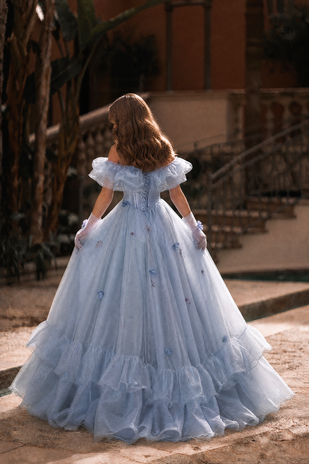 Blue Fairytale Ball Gown with 3D Floral Appliqué and Ruffle Tiered Skirt – Off Shoulder Tulle Evening Dress with Corset Back Plus Size