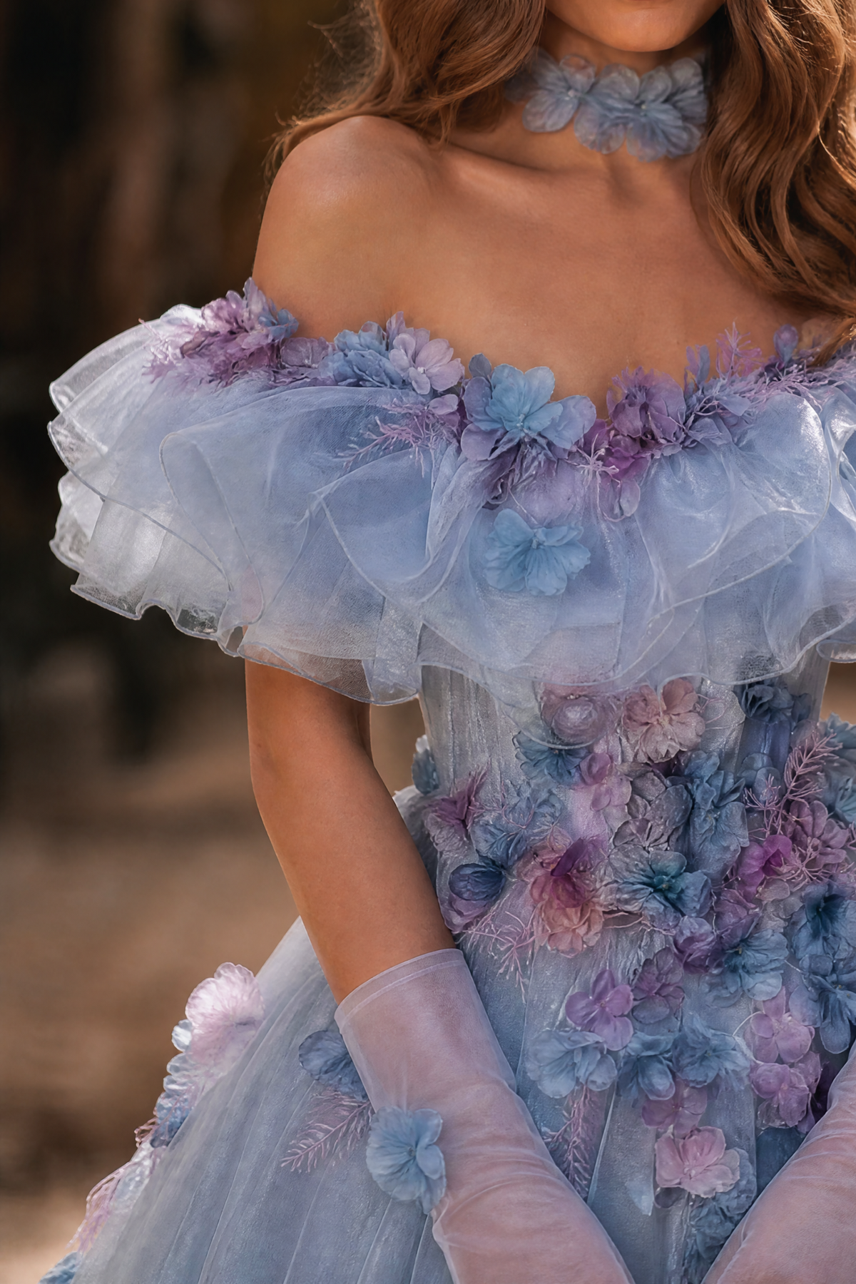 Blue Fairytale Ball Gown with 3D Floral Appliqué and Ruffle Tiered Ski