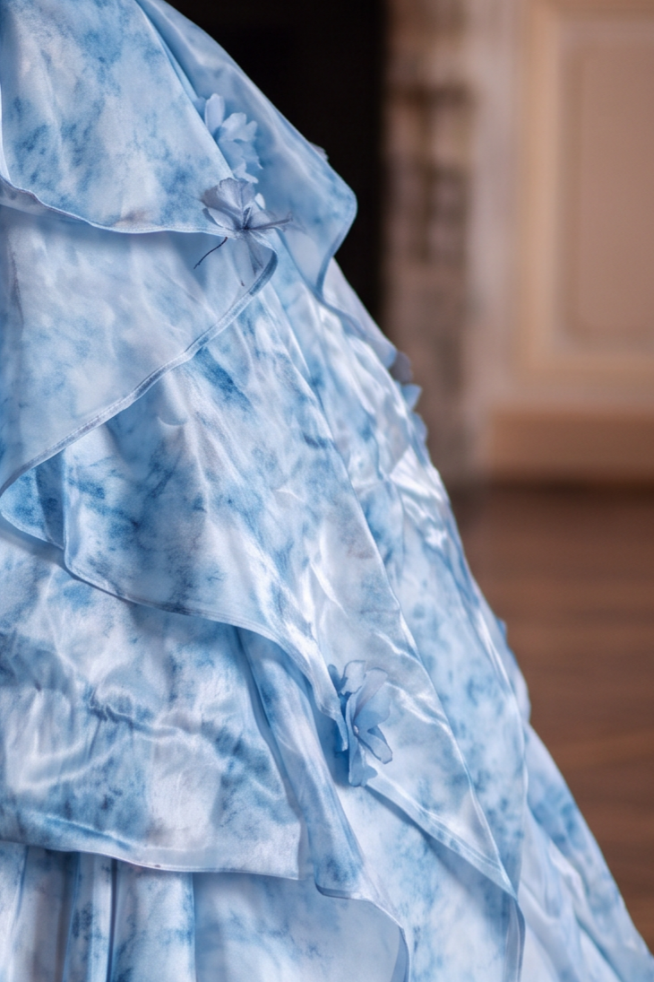 Blue Floral Ball Gown Evening Dress with Off-the-Shoulder Corset Plus Size