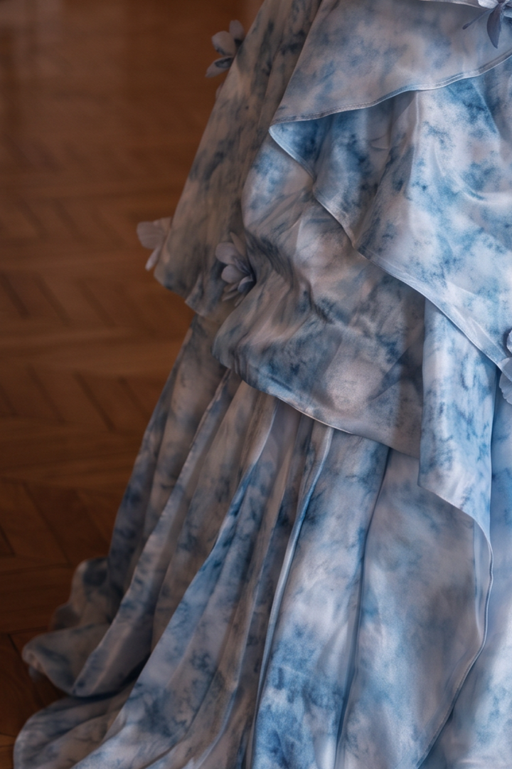 Blue Floral Ball Gown Evening Dress with Off-the-Shoulder Corset Plus Size