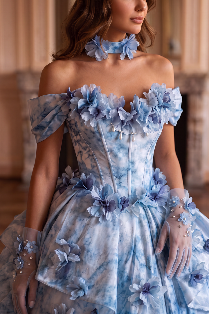 Blue Floral Ball Gown Evening Dress with Off-the-Shoulder Corset Plus Size
